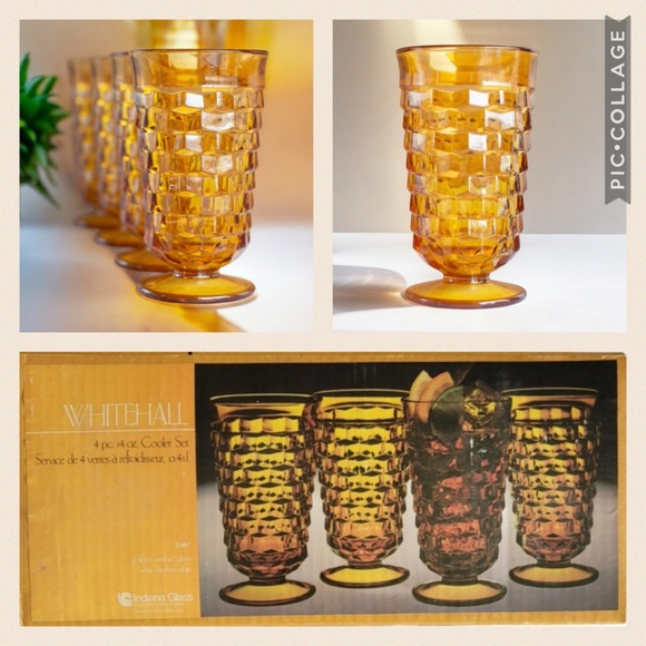 Whitehall 4 pc 14 oz Golden Amber Glass Cooler Set #2487 by Indiana Glass w Box - Picture 1 of 16